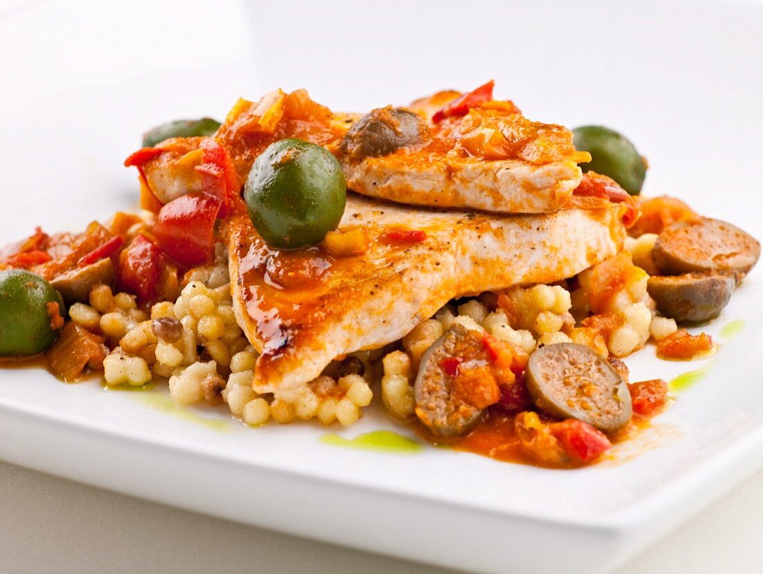 Sauteéd Veal Cutlets Served with Israeli Couscous, Caper Berries, Green Italian Olives, Olive Oil and Pan Juices