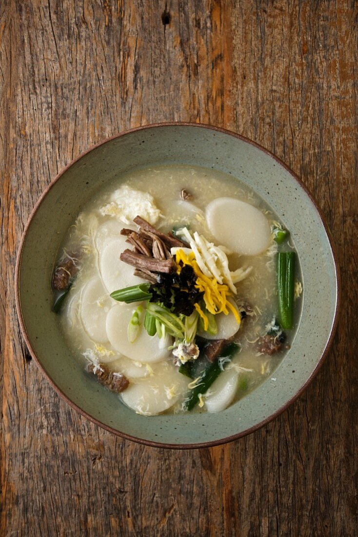 Bowl of Korean Rice Cake Soup with Brisket