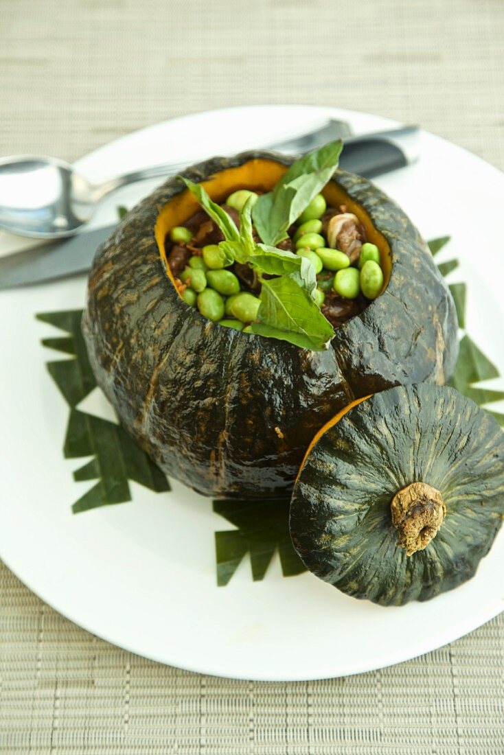 Beef and Pea Stew Served in a Squash