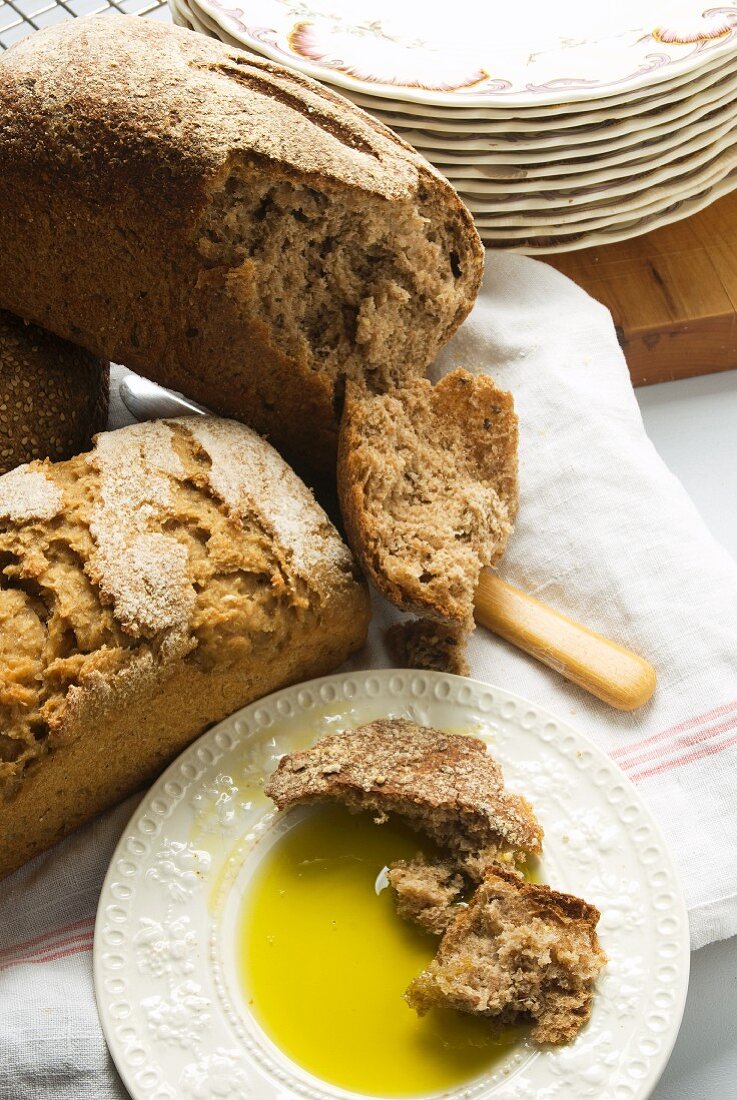 Homemade Organic Bread Loaves with Olive Oil for Dipping
