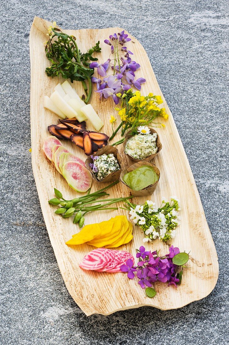 Annual honesty flowers and other vegetables with a trio of dips