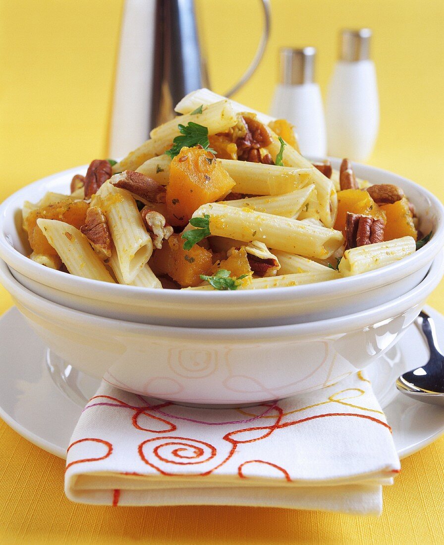 Penne with butternut squash and walnuts