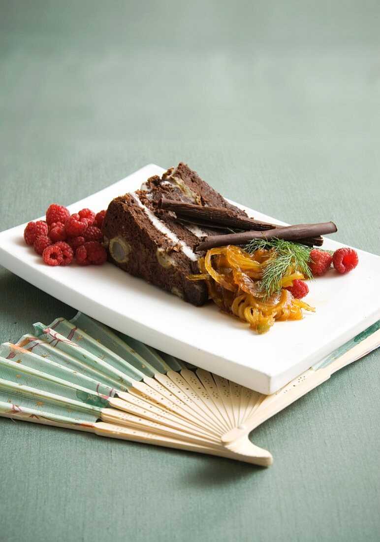 Chocolate torte with fennel and fresh raspberries