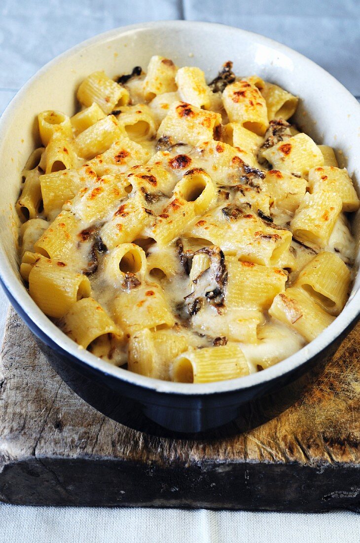 A pasta bake made with dried porcini mushrooms and cheese