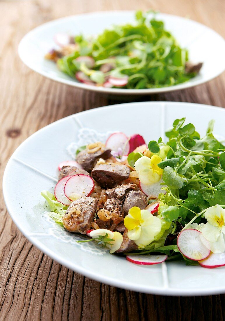 Fried chicken liver with cress salad