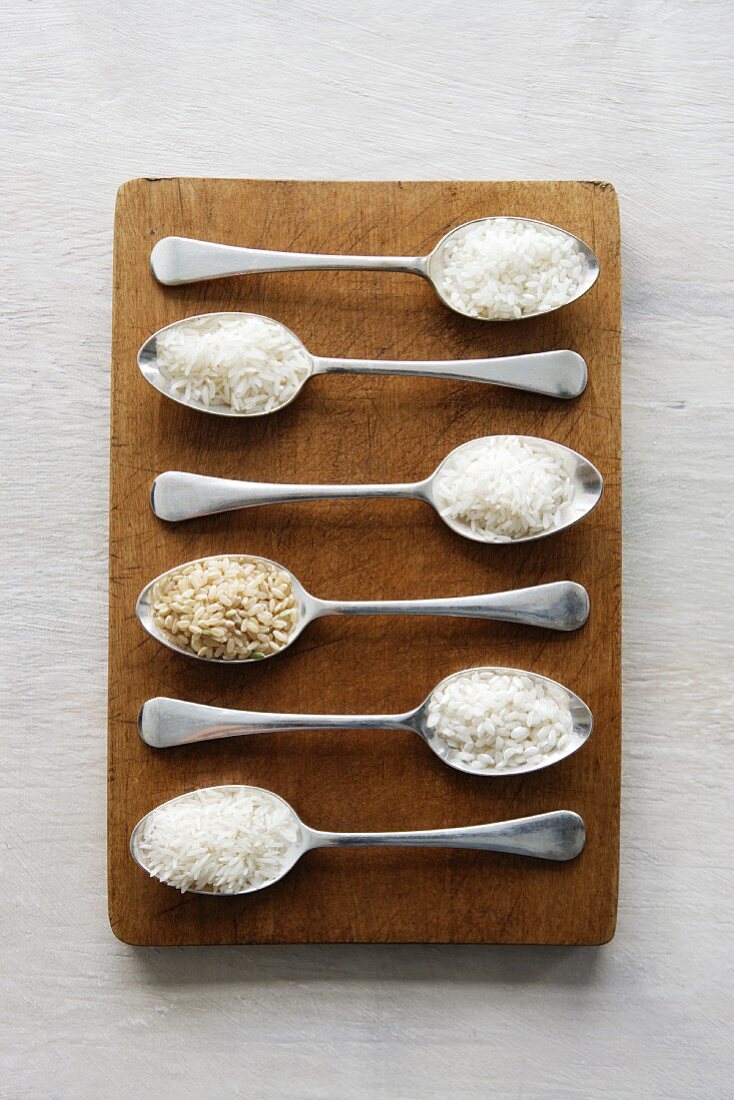 Various types of rice on spoons