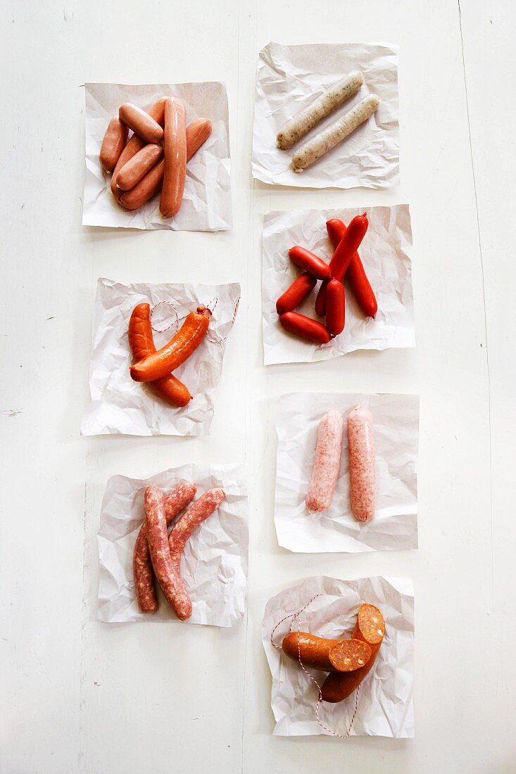 Various sausages on pieces of paper (seen from above)