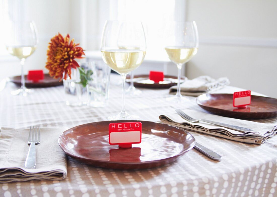 Table Set with Name Tag Place Settings; White Wine
