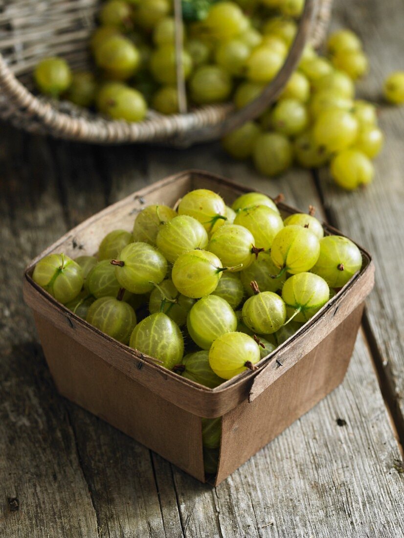 Gooseberries in a wooden box