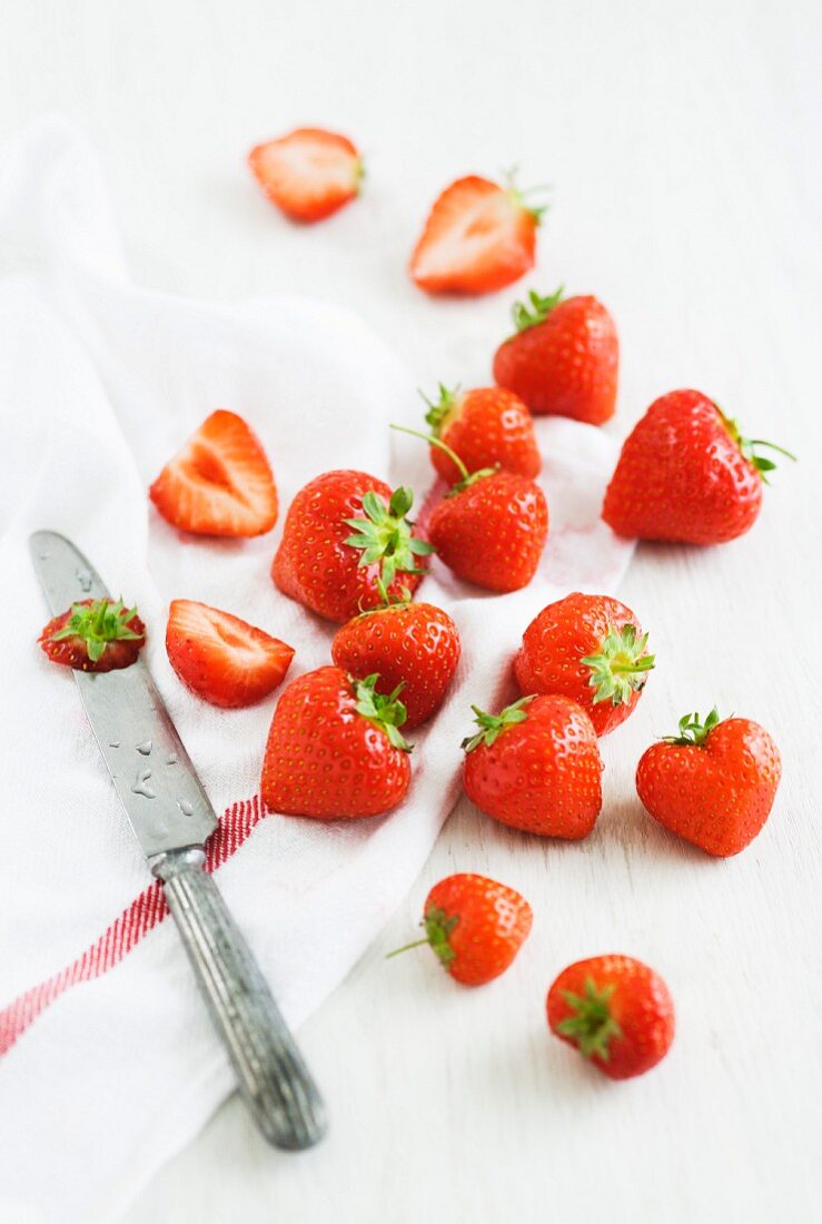 Viele Erdbeeren mit Geschirrtuch und Messer
