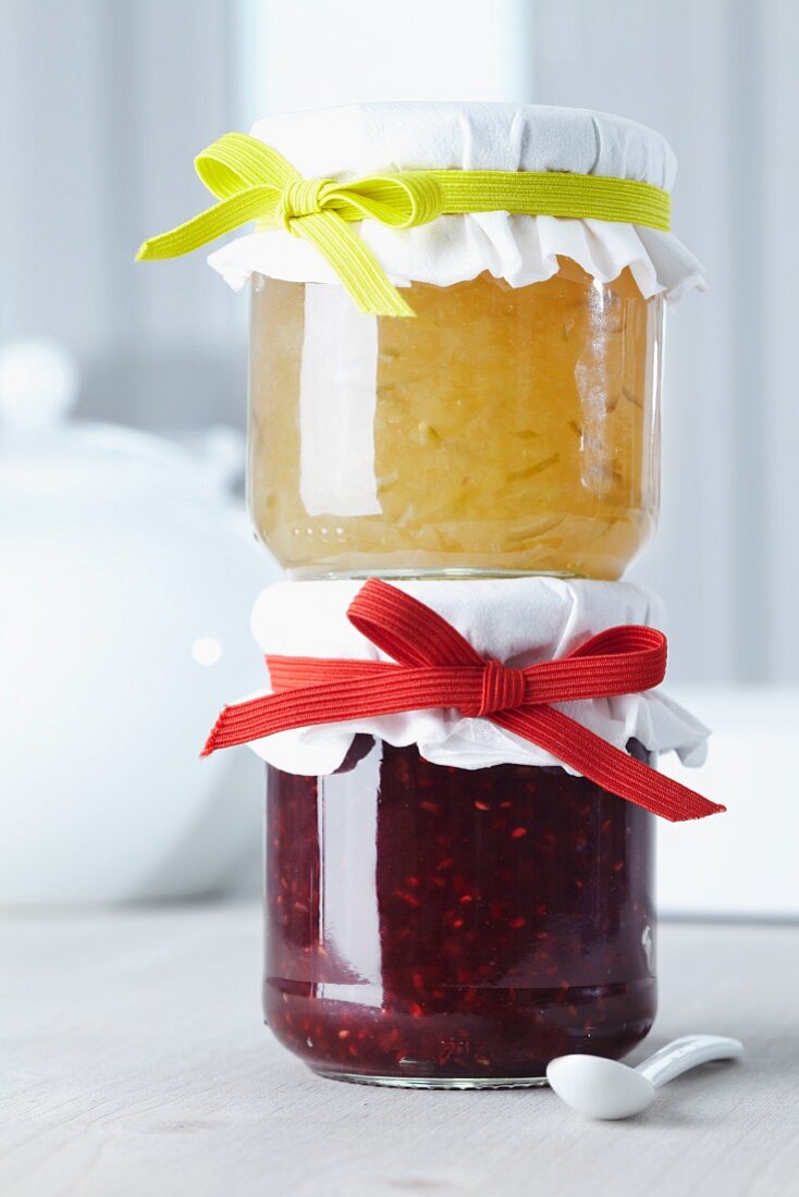 Jam jar decorations; bright rubber bands in colours matching the jam