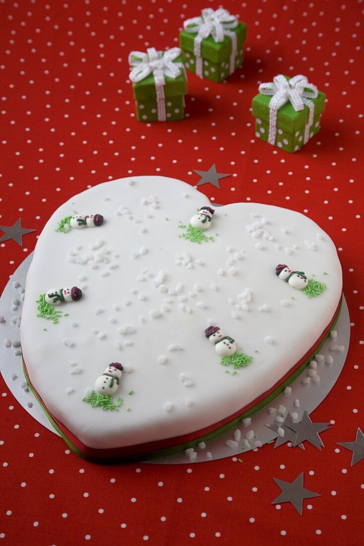 Heart Shaped Christmas Cake with Snowman Decorations