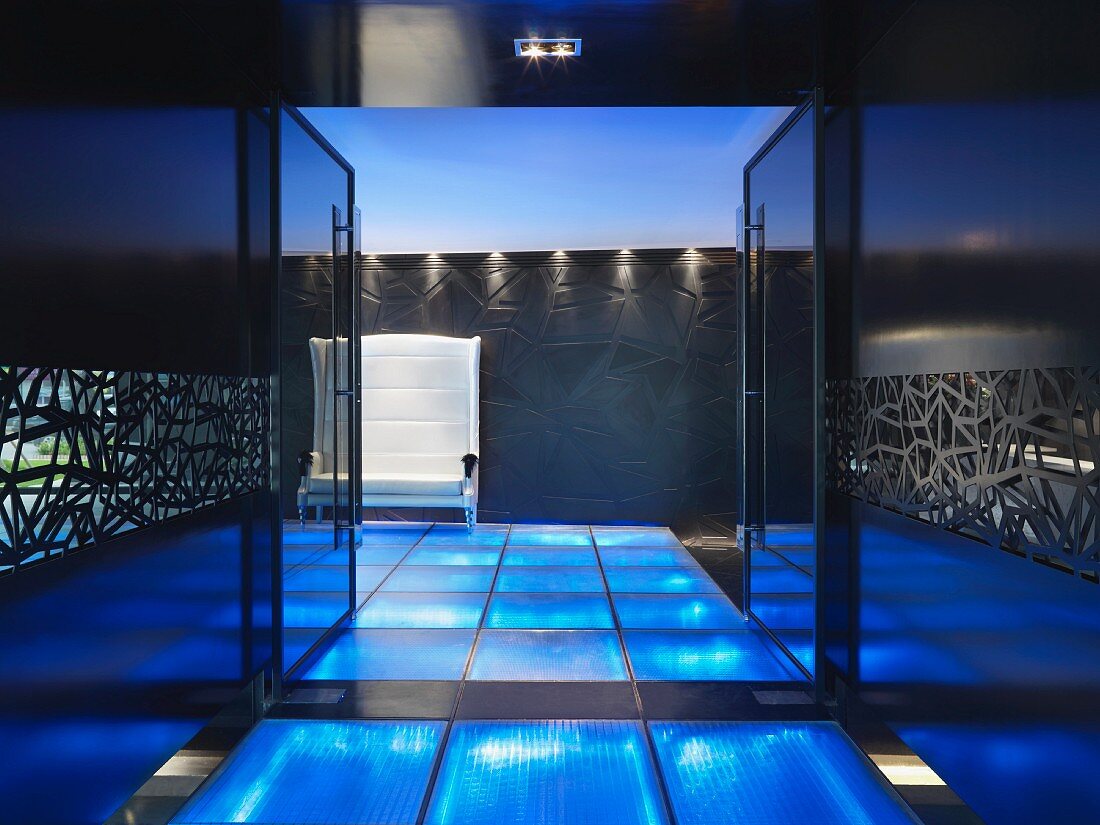 Modern entrance with blue illuminated floor