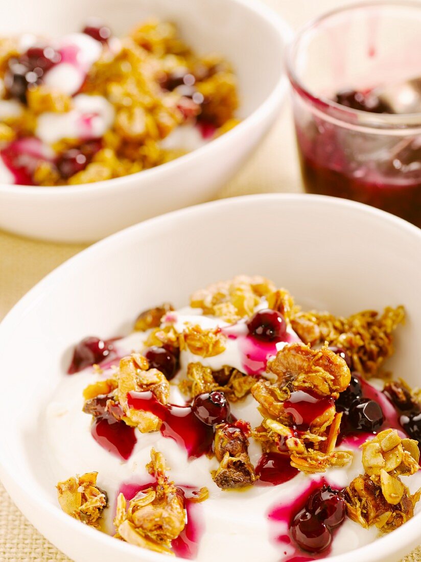 Granola with Yogurt and Blueberry Preserves