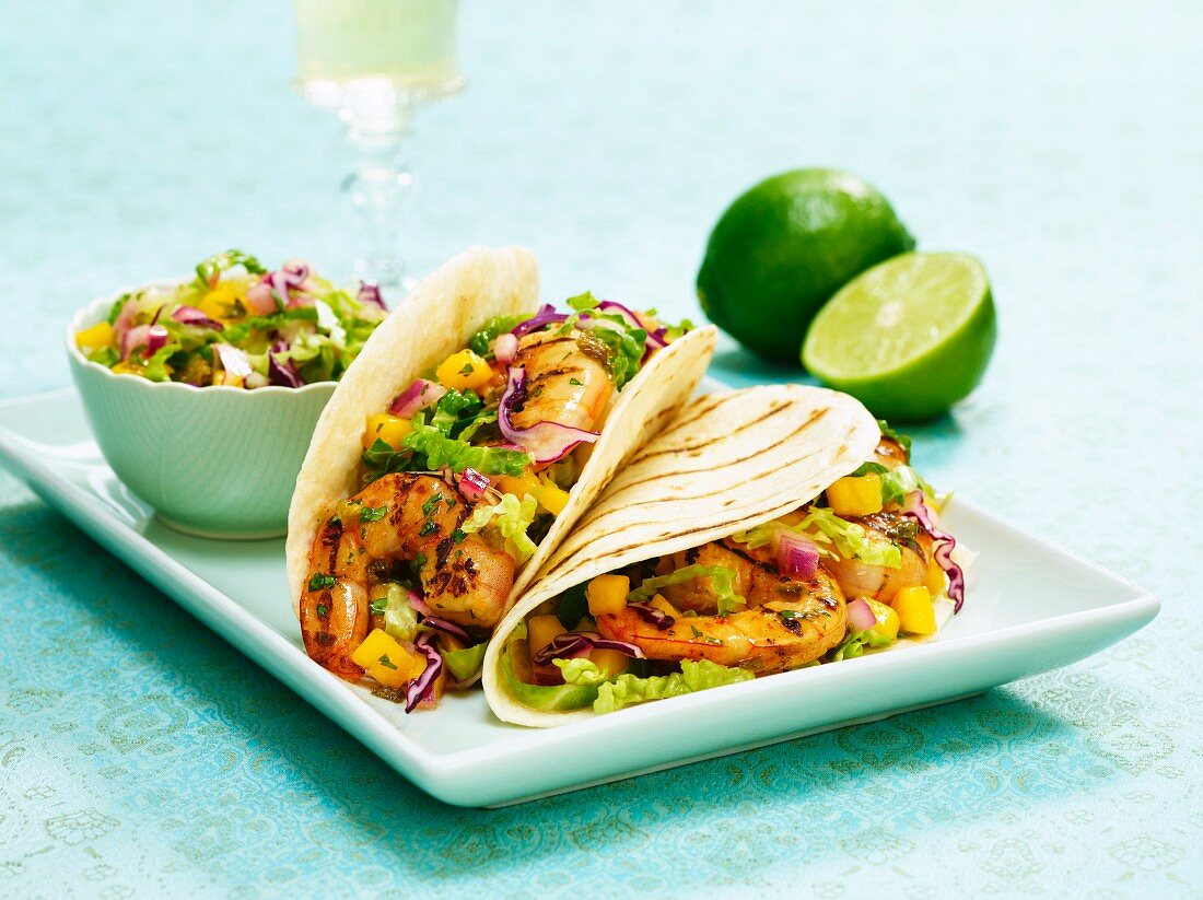 Shrimp Tacos with Mango Lime Salsa; On Soft Tortillas