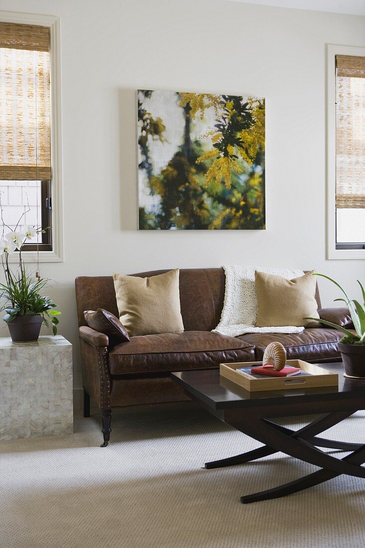 Brown leather sofa in sitting room