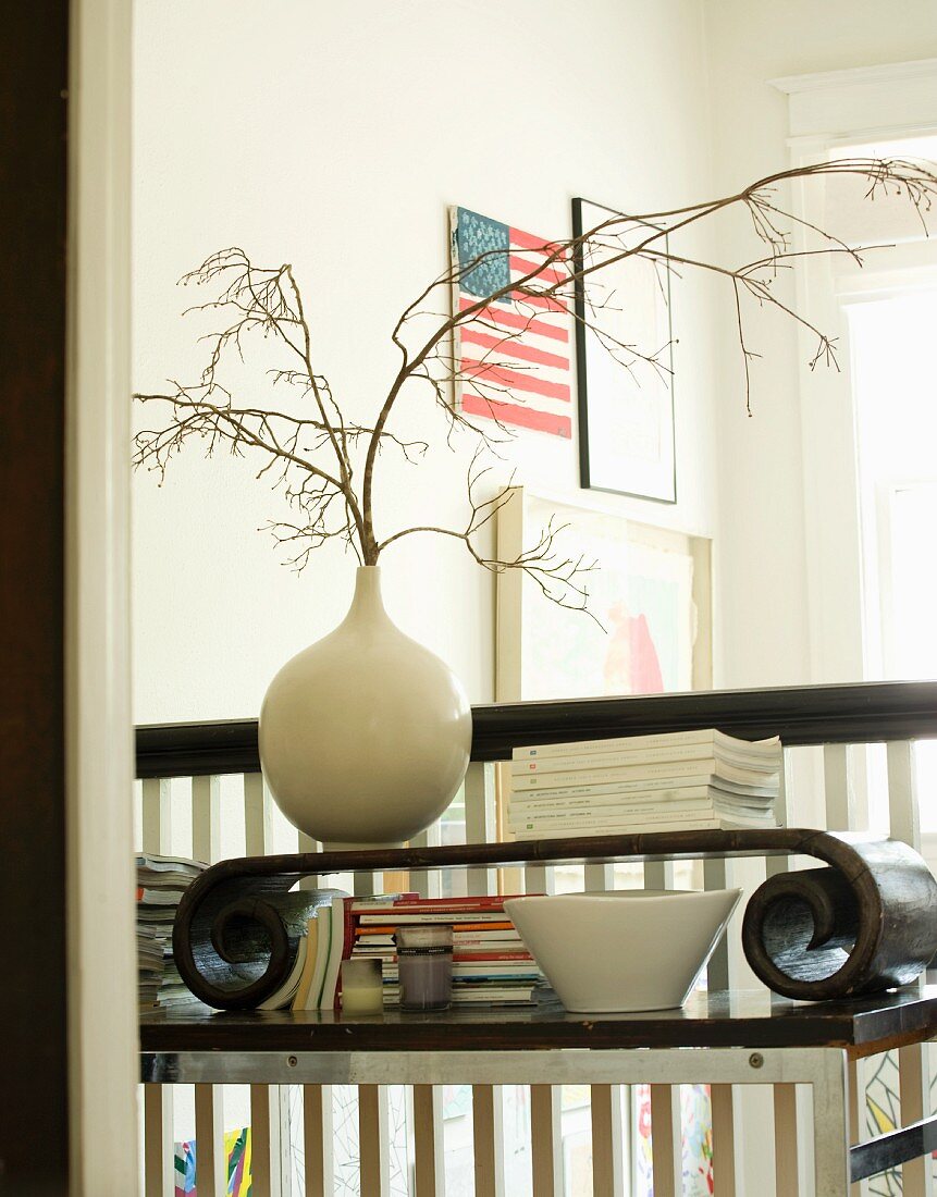 Cluttered end table in American home