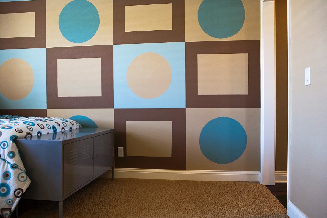 Geometric patterns on wall in bedroom