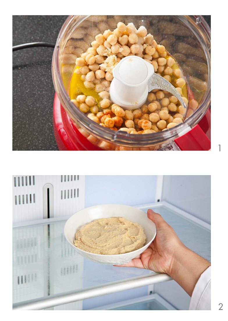 Ingredients for Hummus in a Food Processor; Hand Holding a Bowl of Homemade Hummus