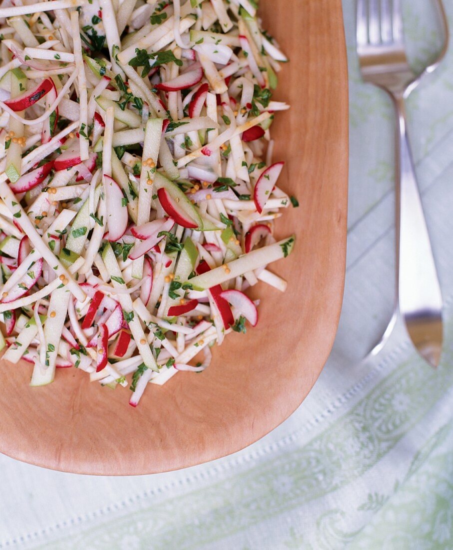 Celery, Apple and Radish Salad with Mustard Seed in a Serving Bowl; From Above