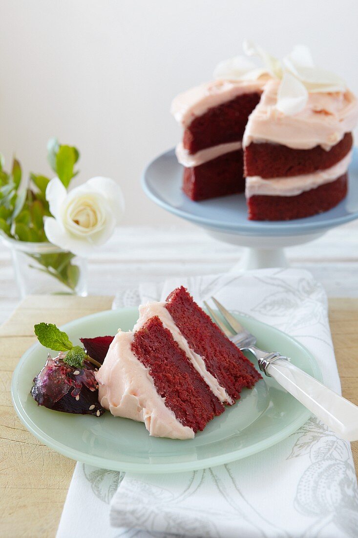 Beetroot and apple cake with rosewater cream cheese and candied beetroots