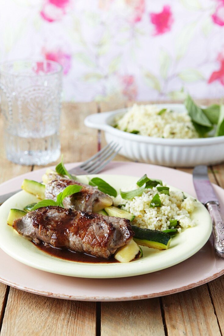 Veal roulade with courgette and couscous