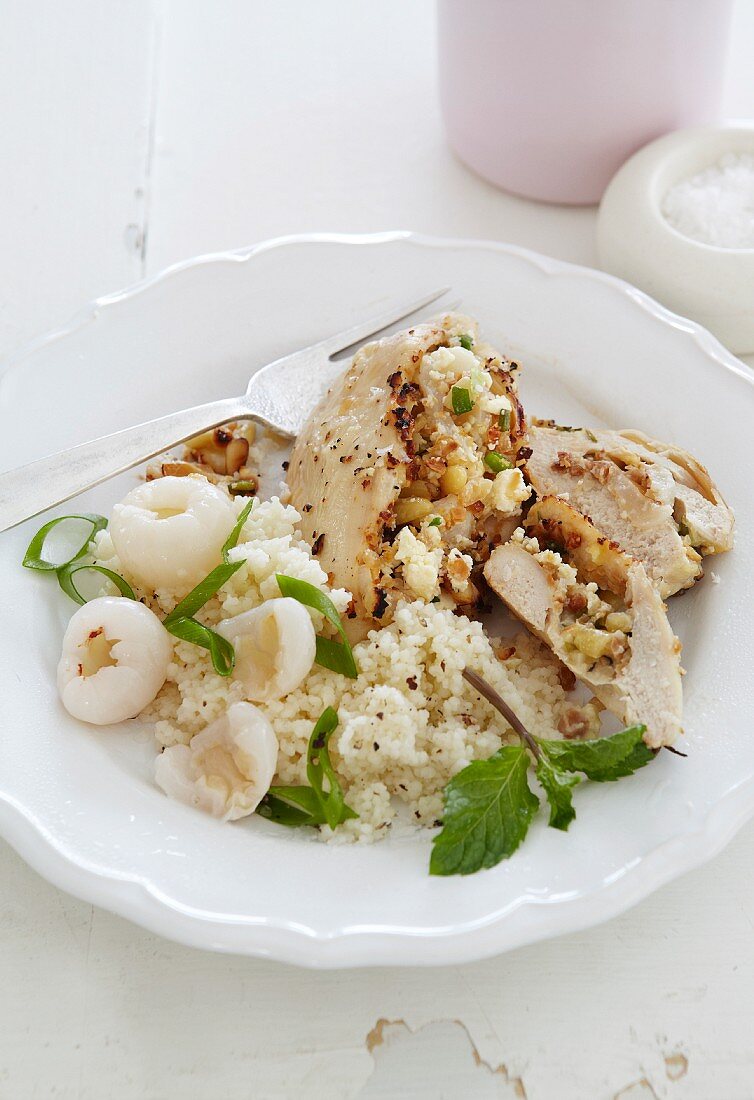 Stuffed chicken breast with lychees and couscous
