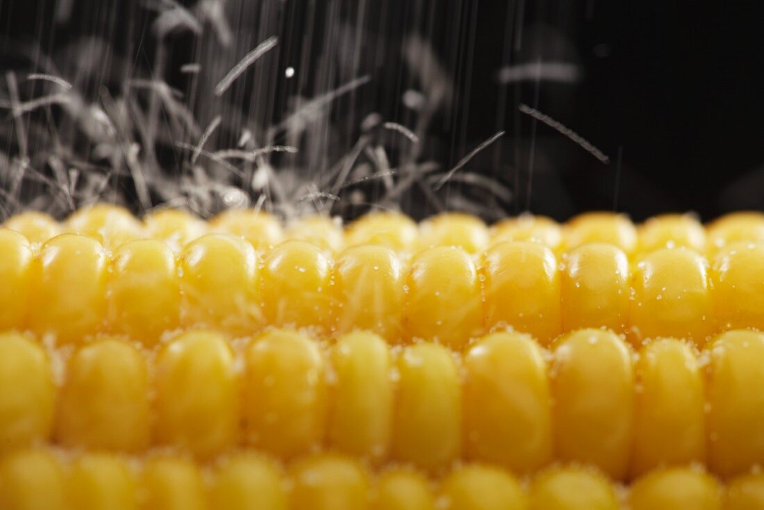 A corn cob being sprinkled with salt