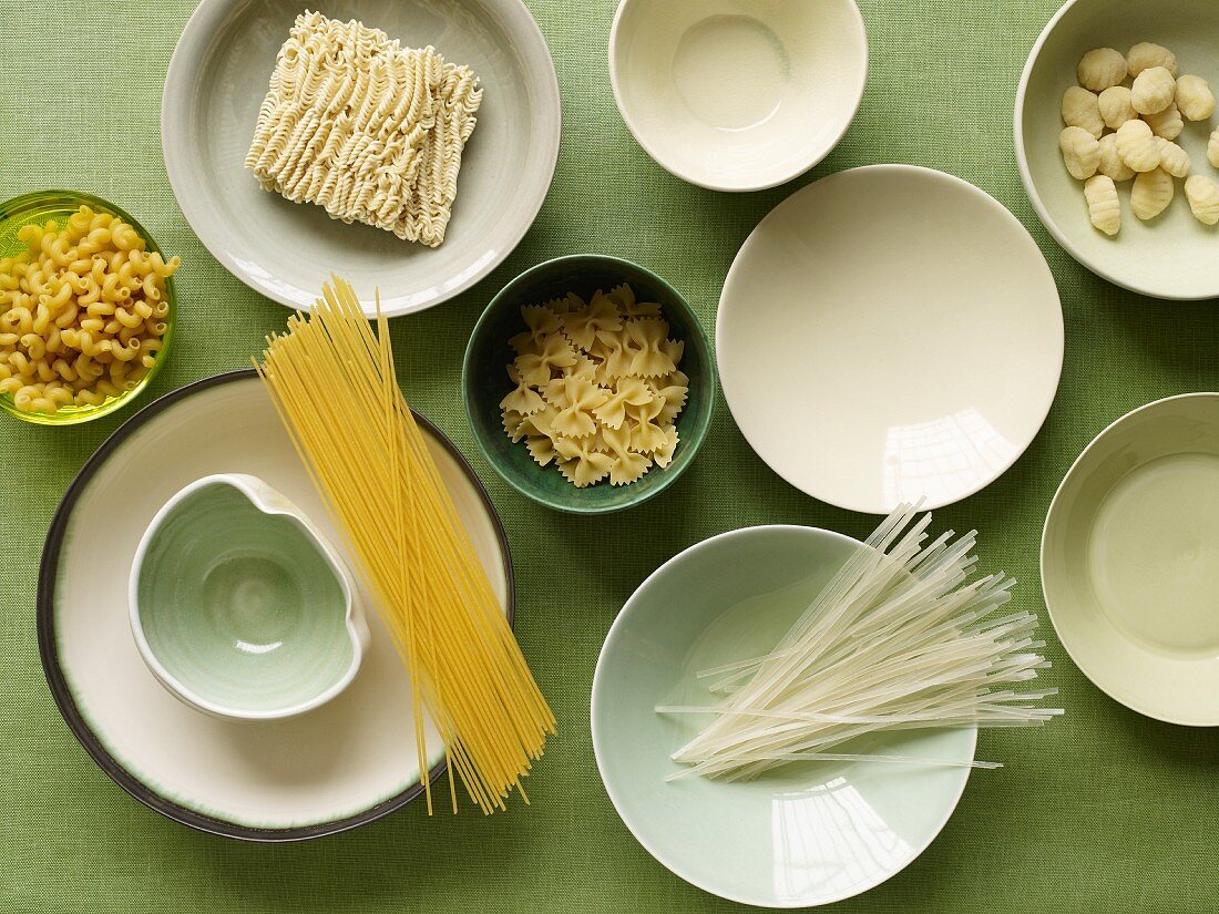 Variety of Dried Pastas and Bowls; From Above