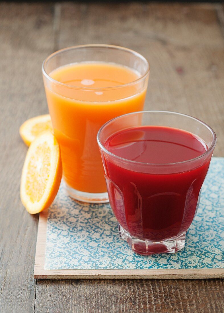 Carrot and orange juice and beetroot and apple juice