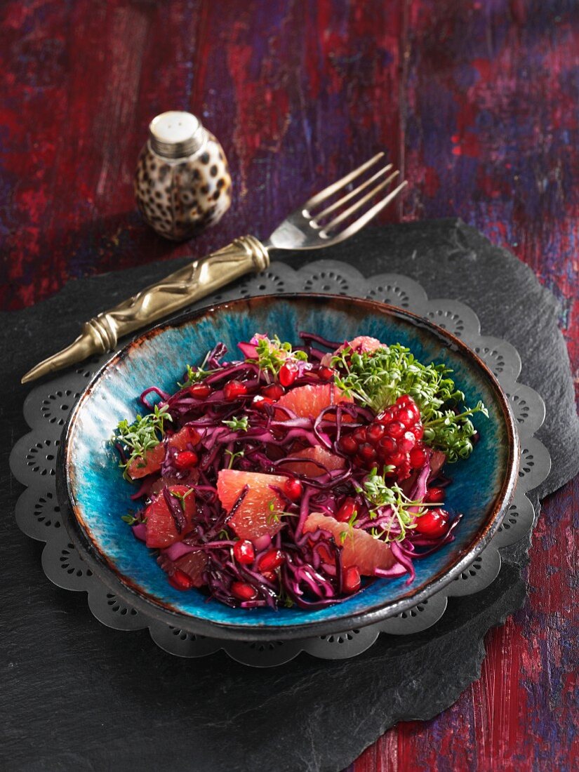 Exotic red cabbage salad with pomegranate seeds