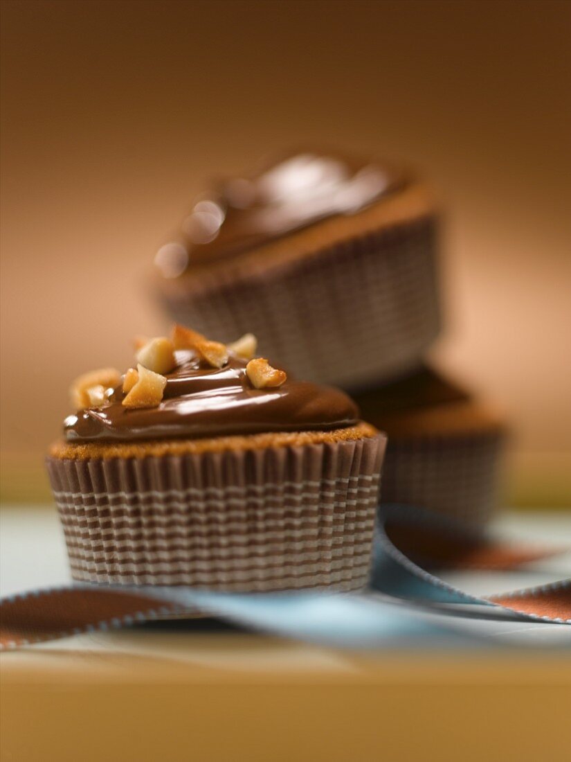 Chocolate Hazelnut Cupcake with Chocolate Frosting and Chopped Hazelnuts in a Striped Cupcake Liner