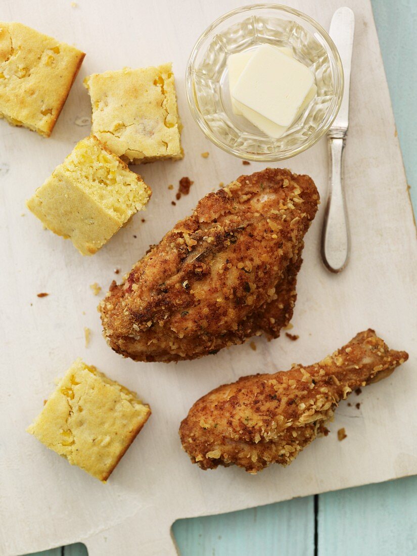 Two Pieces of Fried Chicken with Cornbread