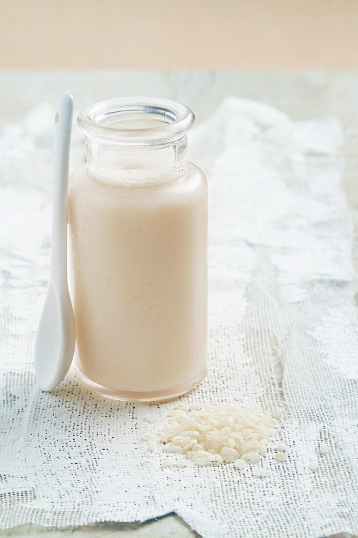 Rice milk in a glass bottle