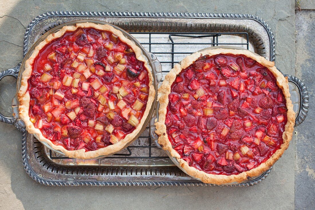 Strawberry and rhubarb tarts (seen from above)