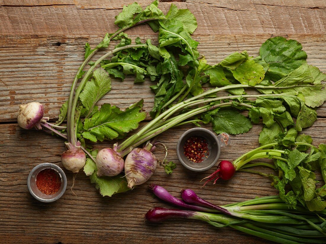Turnips, radishes, red spring onions and spices