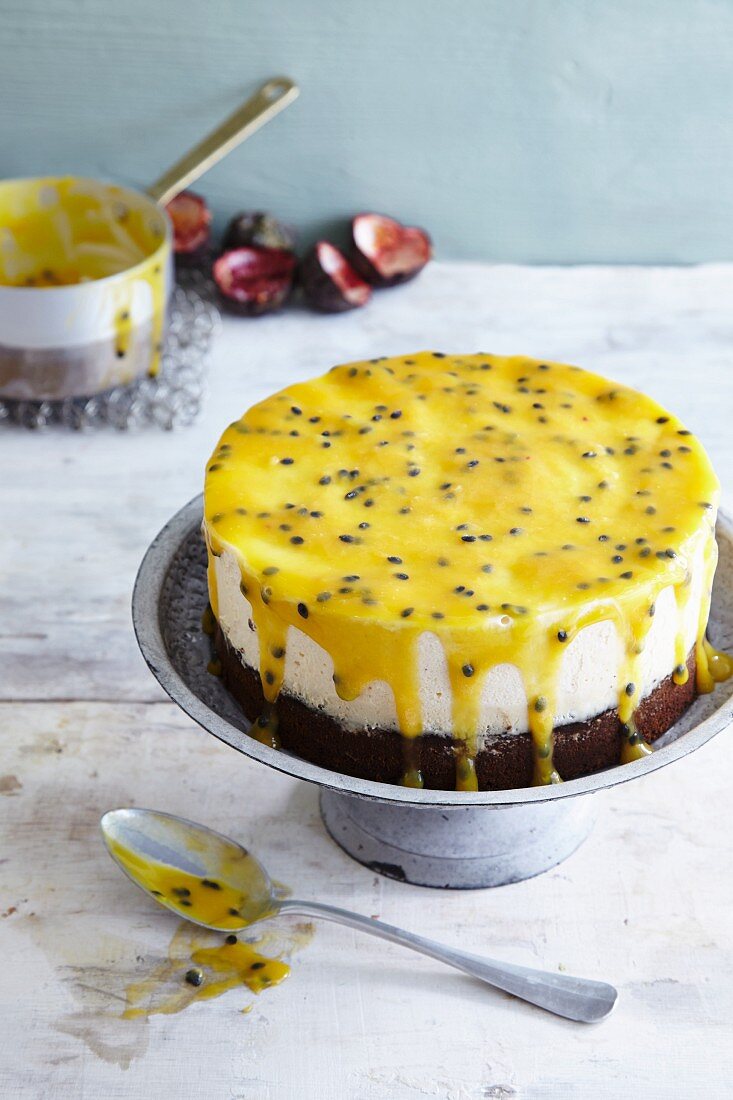 Gluten-free passion fruit ice cream cake made with chestnut flour