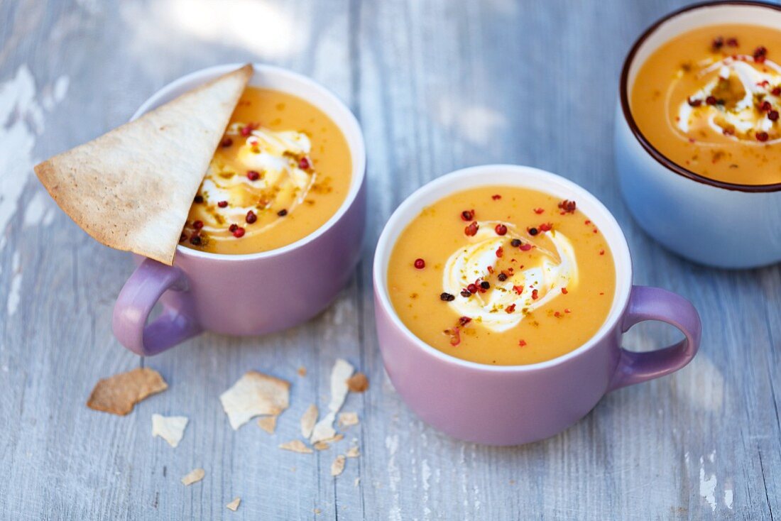 Cream of pumpkin soup with curry and tortilla crips