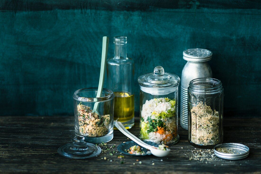 Homemade spice mixtures in jars