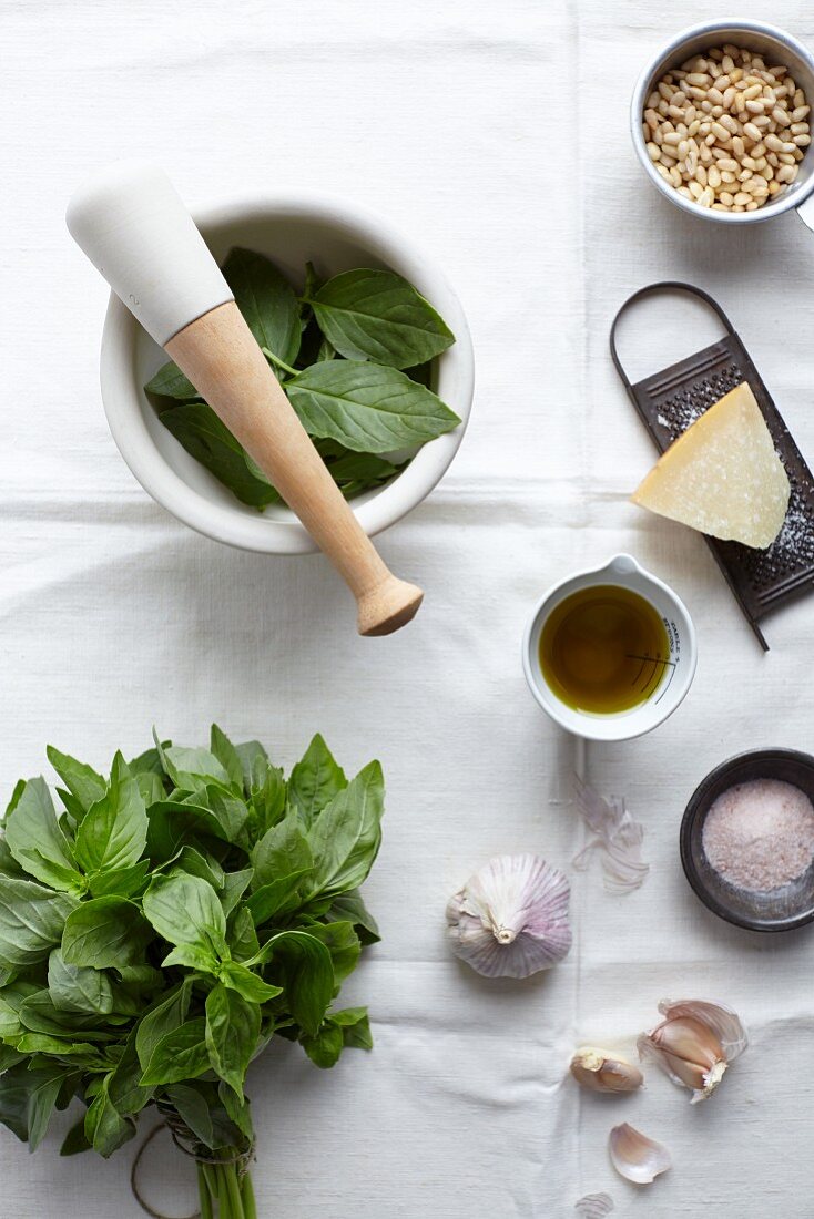 Various ingredients for basil pesto