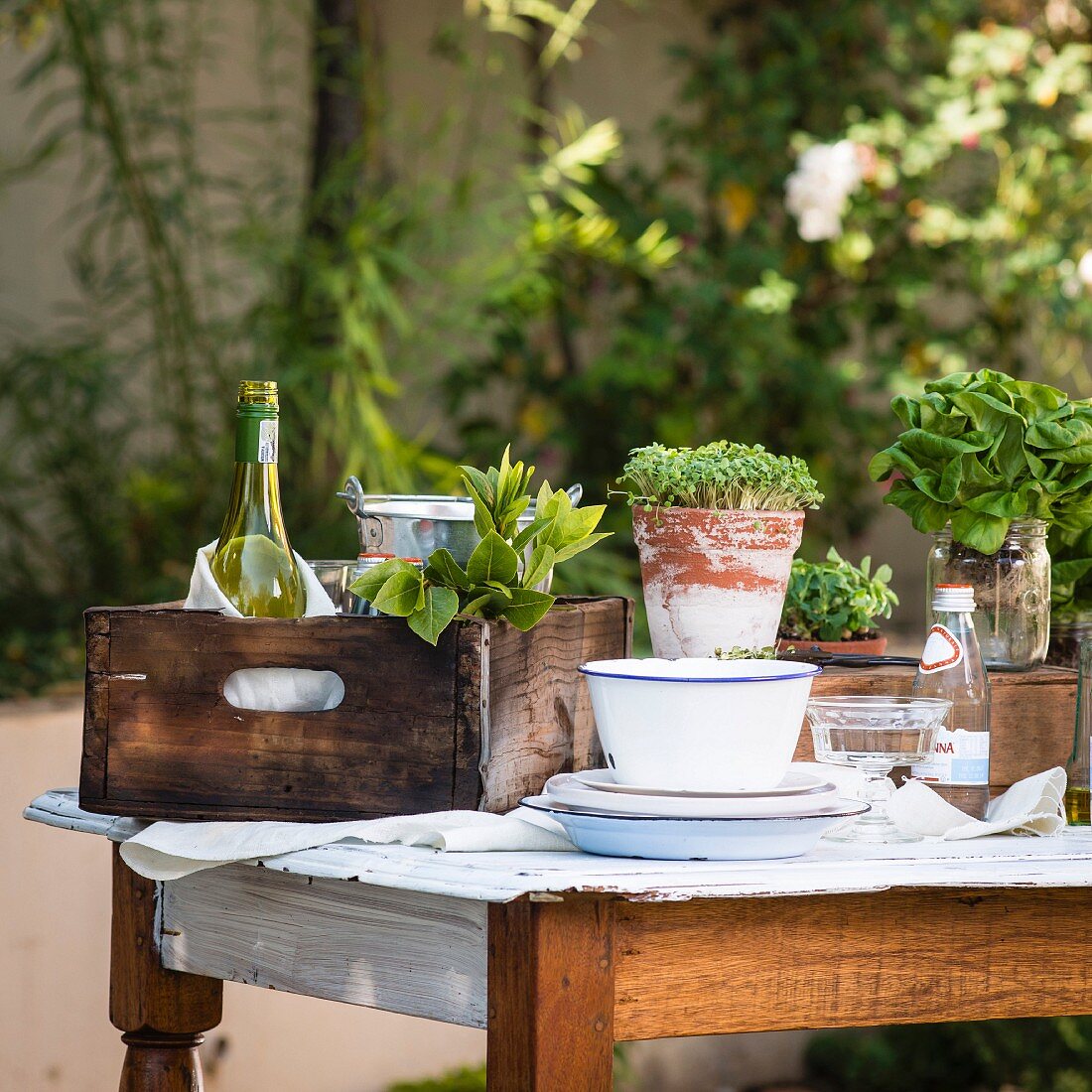 Verschiedene Kräuter und Wein auf Holztisch im Garten