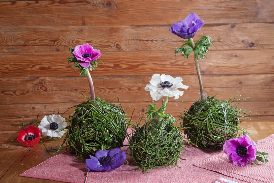 Anemones arranged in balls artistically made from bilberry stems