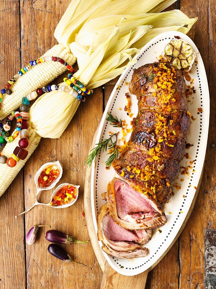 Roast beef sirloin with a maize & bacon crust and chilli & mustard jelly with corn on the cob (Africa)