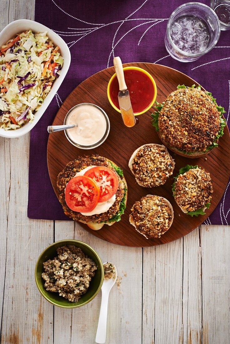 Vegetarian burgers and side dishes