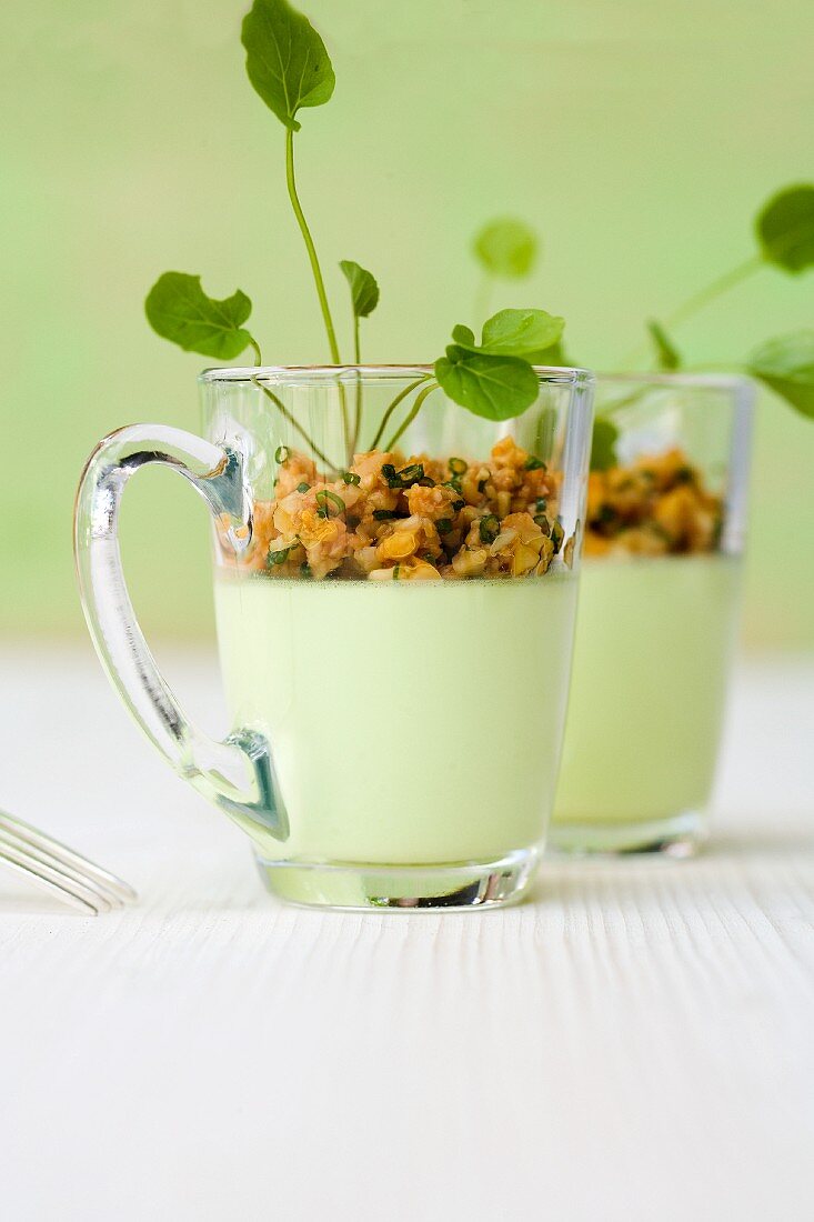 Cress panna cotta with chanterelle mushroom and hazelnut tatar