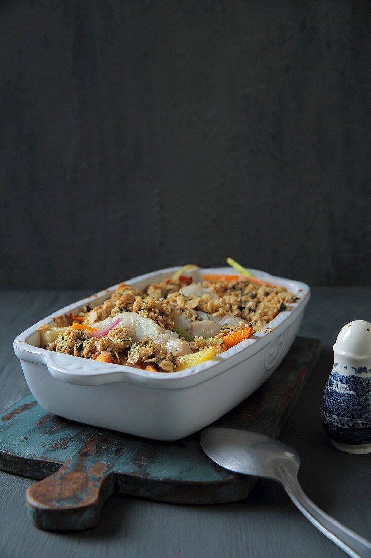 Fish and vegetable bake with crumble