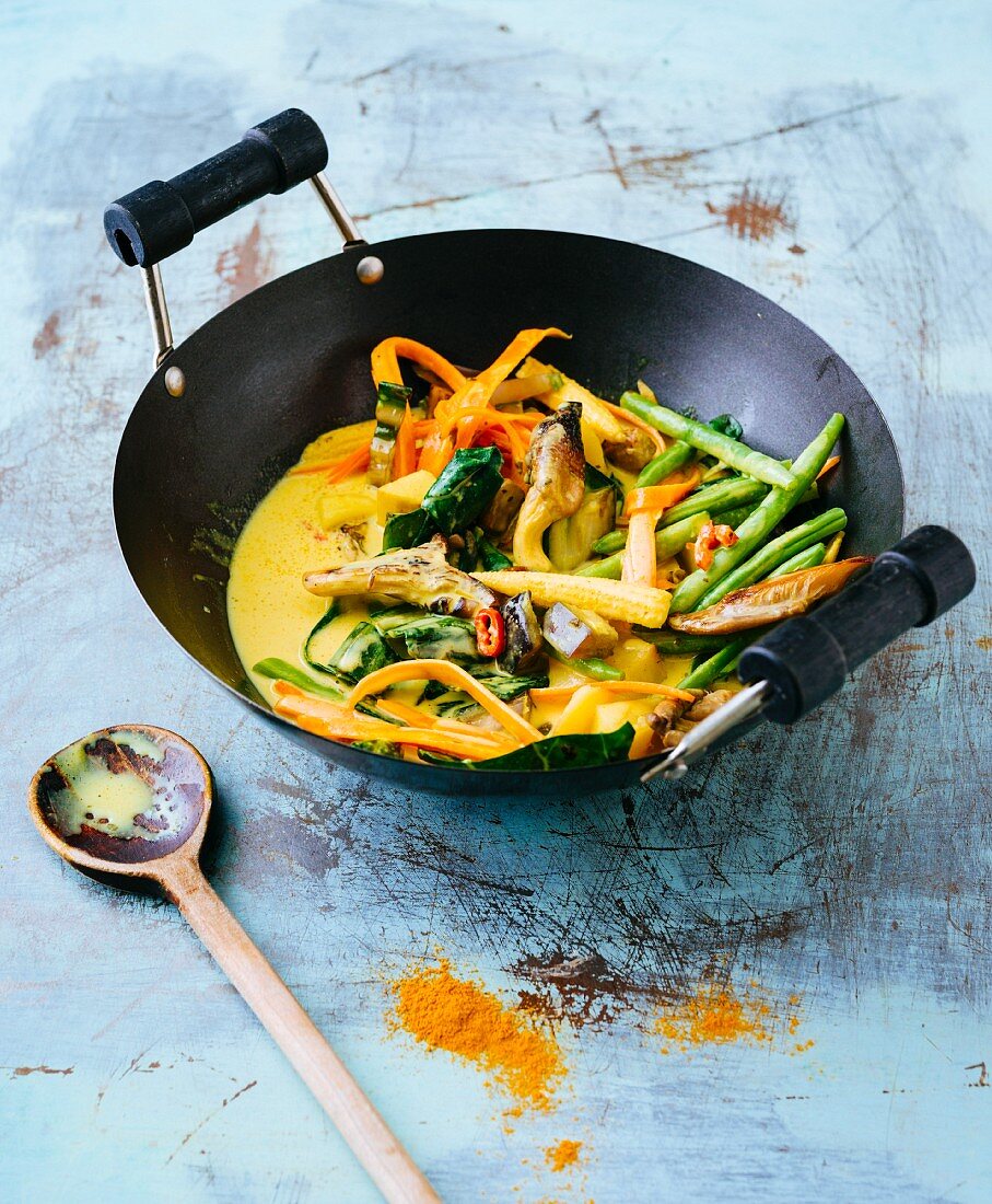 Stir-fried potato coconut curry with oyster mushrooms and green beans