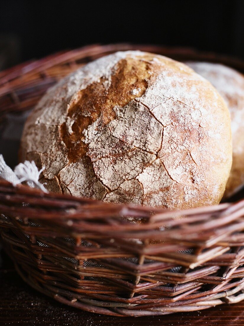 Country bread in a wicker basket