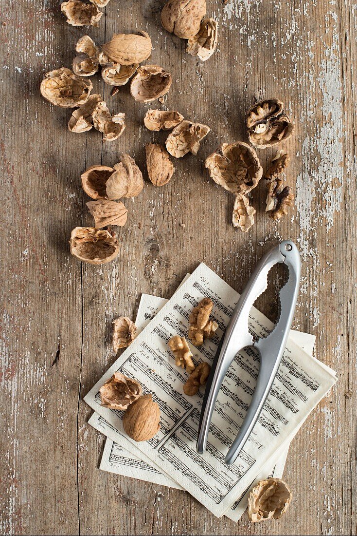 Walnuts, nut shells and a nut cracker