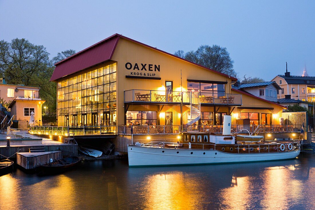Restaurant Oaxen Krog run by chef Magnus Ek, Stockholm, exterior shot in the evening